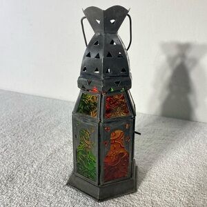 Moroccan Style Multicolour Coloured Glass & Metal Tea Light Candle Lantern